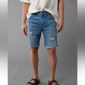 American Eagle Outfitters Next Level Airflex 9” Blue Distressed Jean Shorts